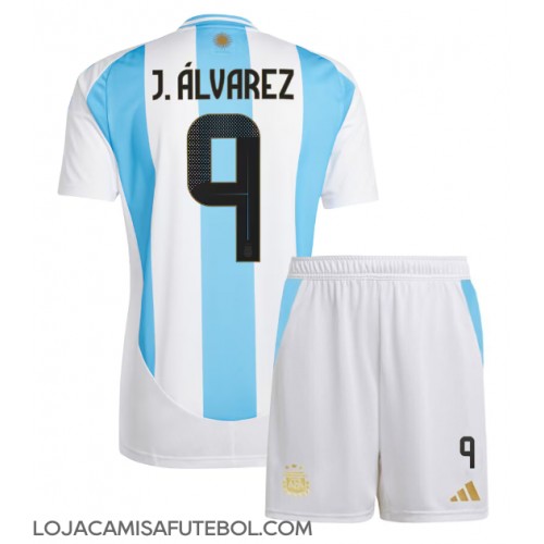 Camisa de Futebol Argentina Julian Alvarez #9 Equipamento Principal Infantil Copa America 2024 Manga Curta (+ Calças curtas)